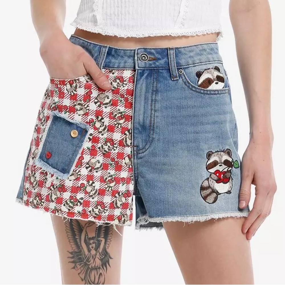 Thorn & Fable Raccoons & Cherries Gingham Patch Denim Shorts Hot Topic